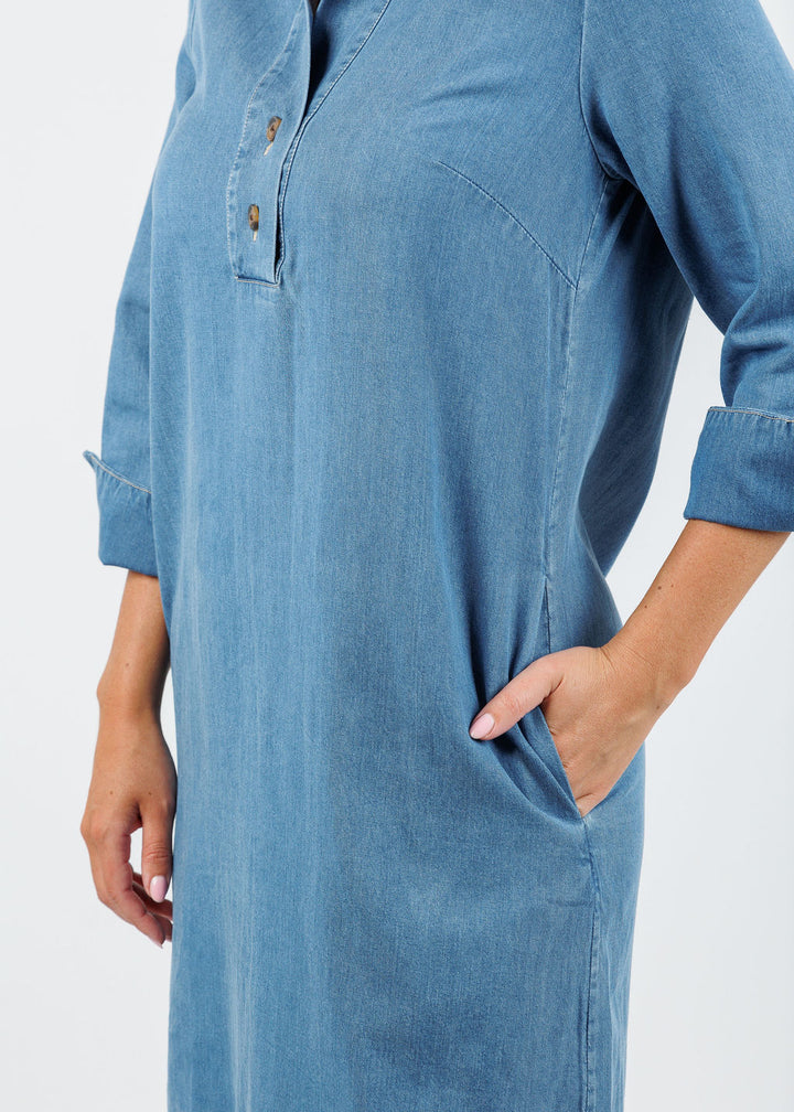 Hinson Wu Aileen 3/4 Sleeve Denim Dress in Medium Wash available at Barbara Katz