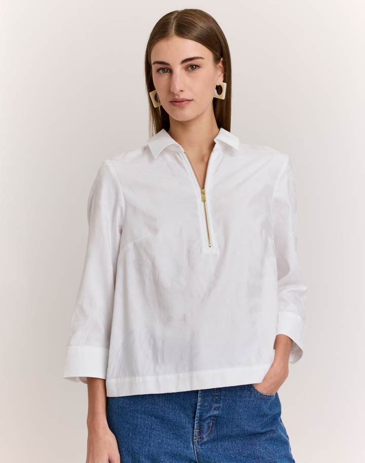 Hinson Wu Alessa 3/4 Sleeve Shirt in White Leaf Motif available at Barbara Katz