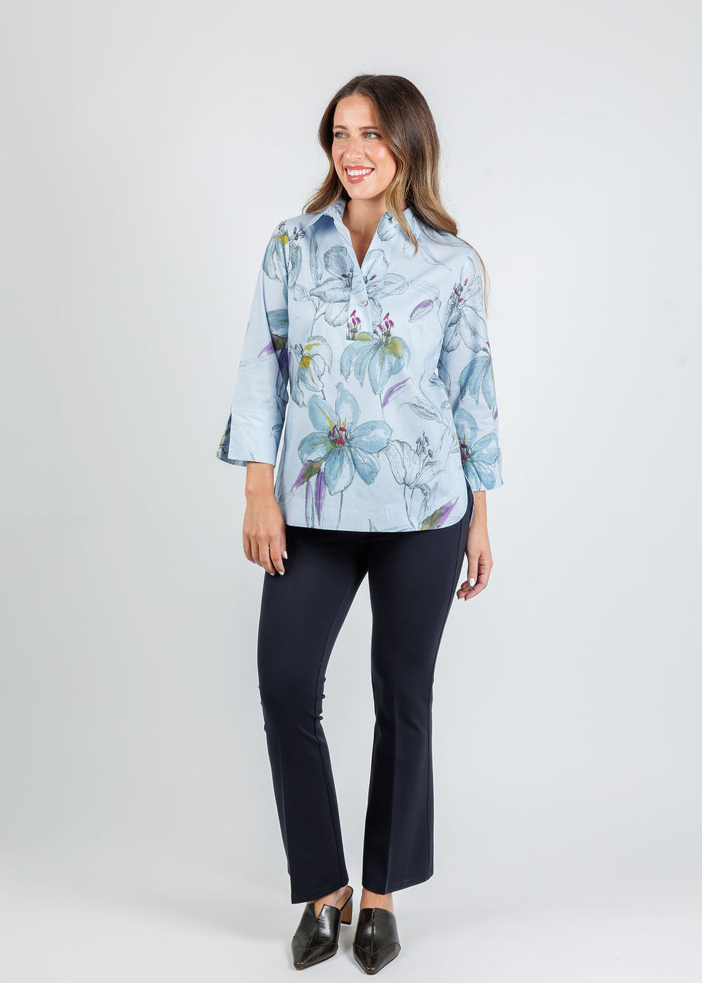 Hinson Wu Charlotte 3/4 Sleeve Blouse in Lily Print paired with Peace of Cloth Ella Paramount Knit Pants in Navy available at Barbara Katz