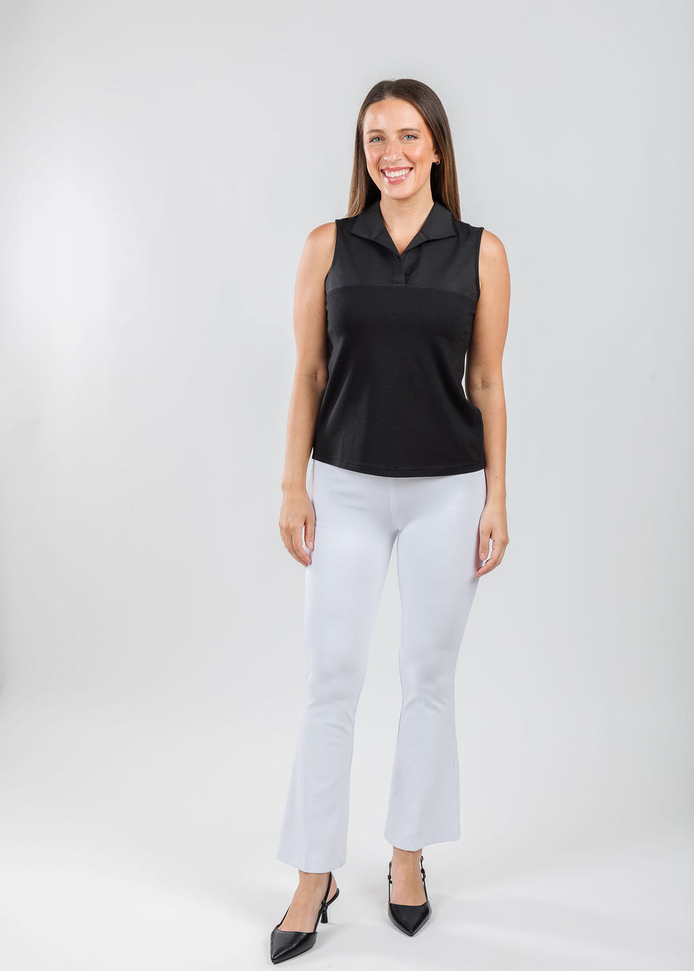 Hinson Wu Emma Foundation Layer in Black paired with Peace of Cloth Ella Paramount Knit Pants in White available at Barbara Katz