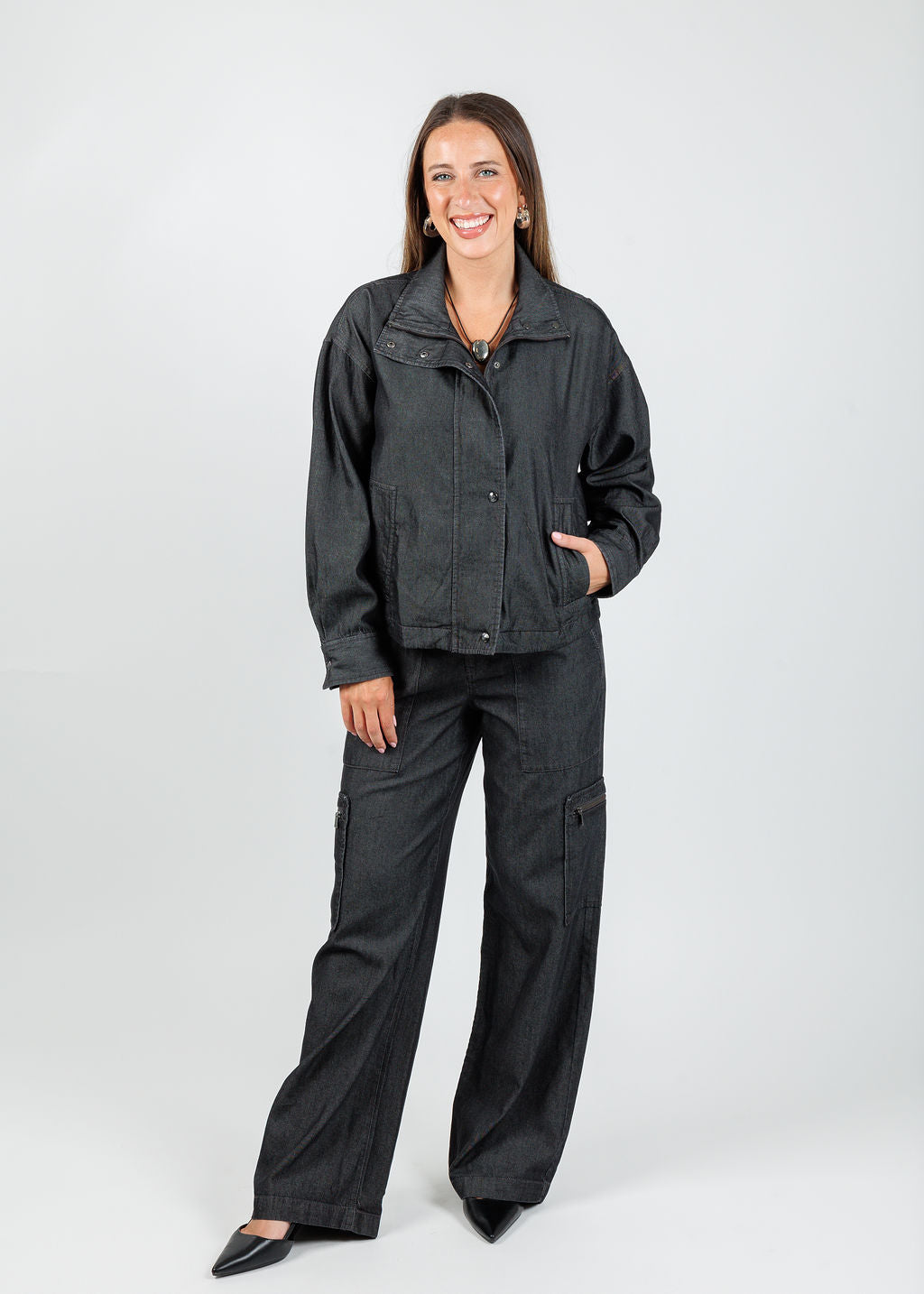 Hinson Wu Louise Long Sleeve Denim Jacket in Black Wash paired with matching Danni Denim Cargo Pants in Black Wash available at Barbara Katz
