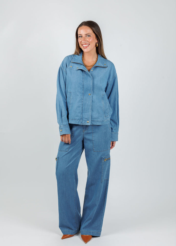 Hinson Wu Louise Long Sleeve Denim Jacket in Medium Wash paired with matching Danni Denim Cargo Pants in Medium Wash available at Barbara Katz