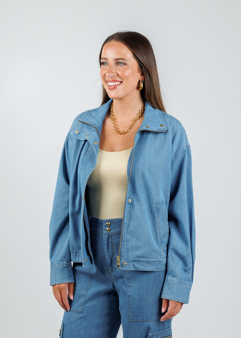 Hinson Wu Louise Long Sleeve Denim Jacket in Medium Wash with A'Nue The Classic Micro Tank Top underneath available at Barbara Katz