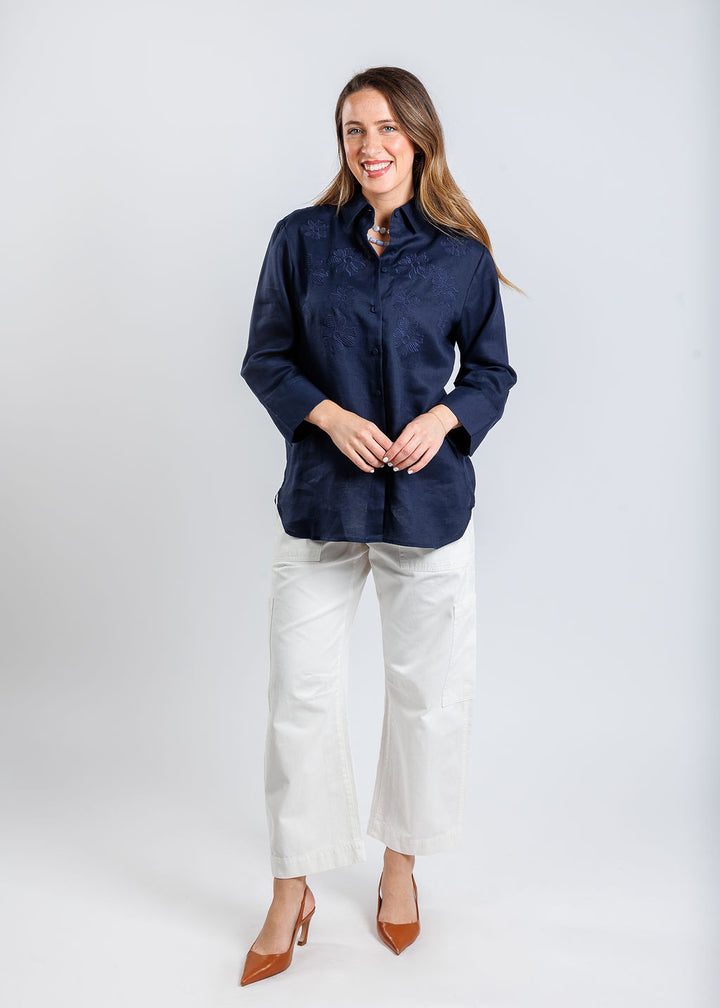 Hinson Wu Margot 3/4 Sleeve Shirt in Navy available at Barbara Katz