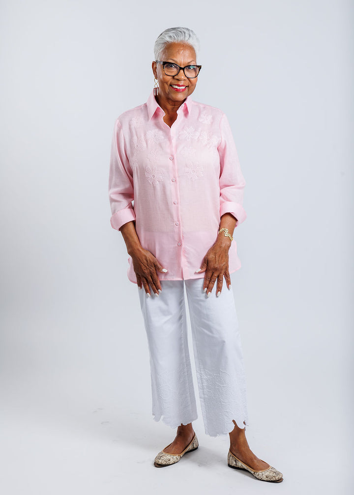 Hinson Wu Margot 3/4 Sleeve Shirt in Pink paired with MAC Chiara Flower Hem Crop Pants in White available at Barbara Katz