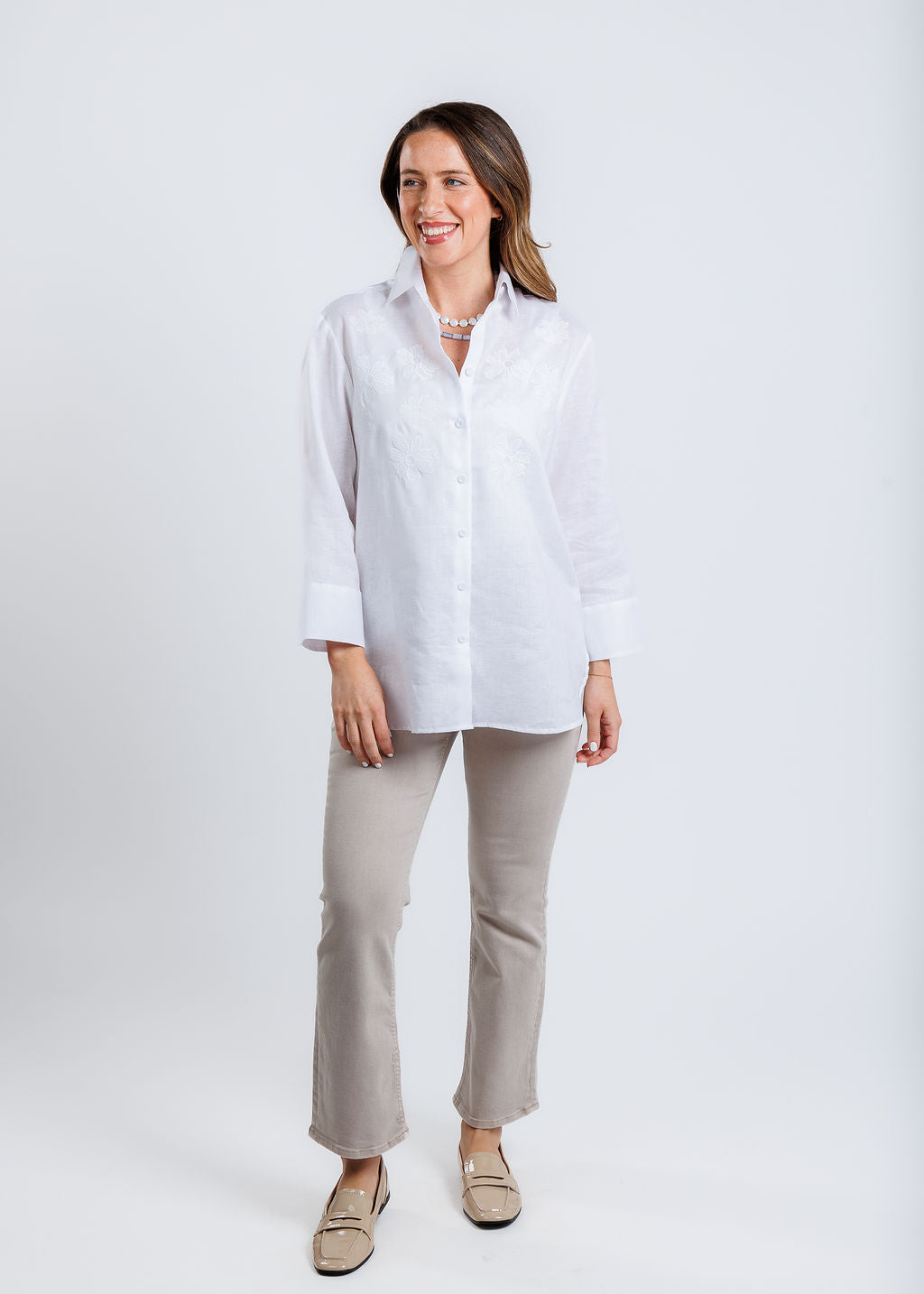 Hinson Wu Margot 3/4 Sleeve Shirt in White paired with Pistola Lennon Crop Flare Jeans in Stone available at Barbara Katz
