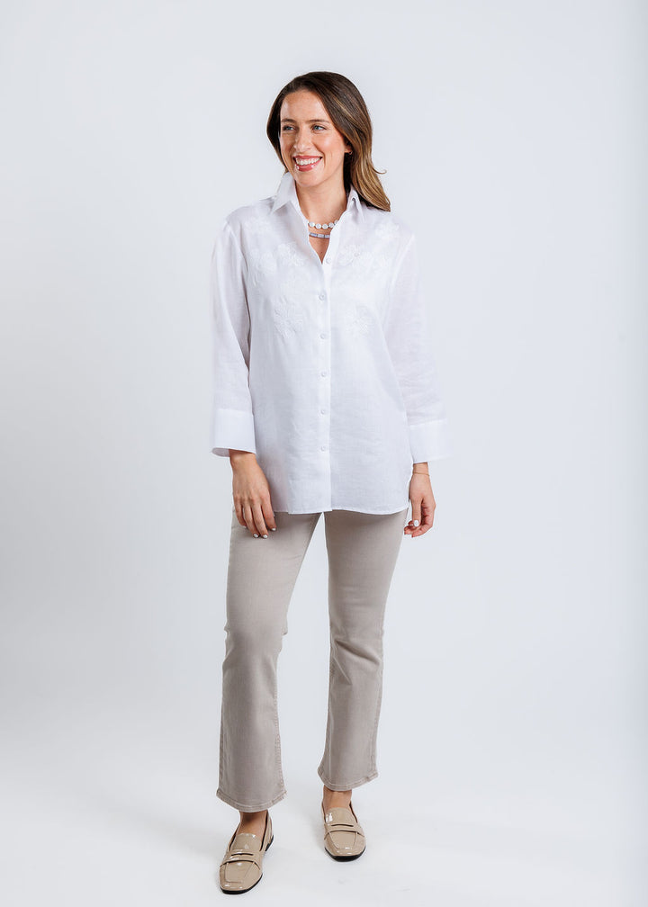 Hinson Wu Margot 3/4 Sleeve Shirt in White paired with Pistola Lennon Crop Flare Jeans in Stone available at Barbara Katz