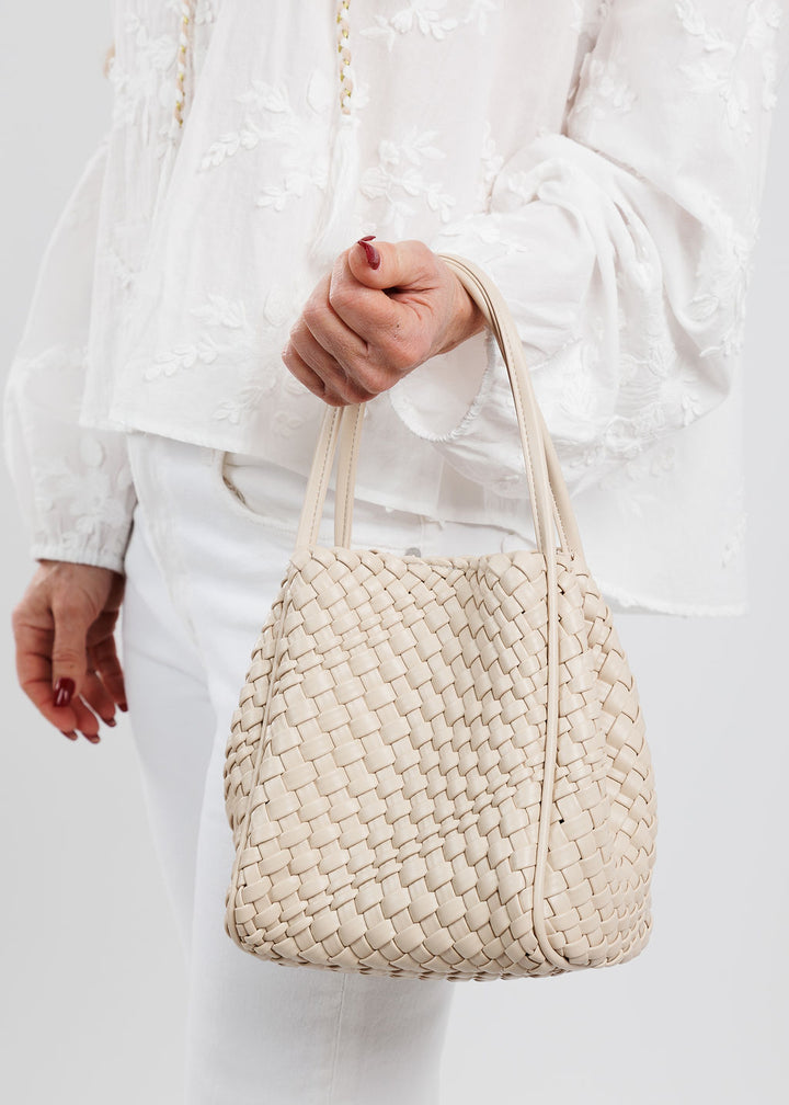 Remi/Reid Hollace Mini Woven Tote Bag in Cream available at Barbara Katz