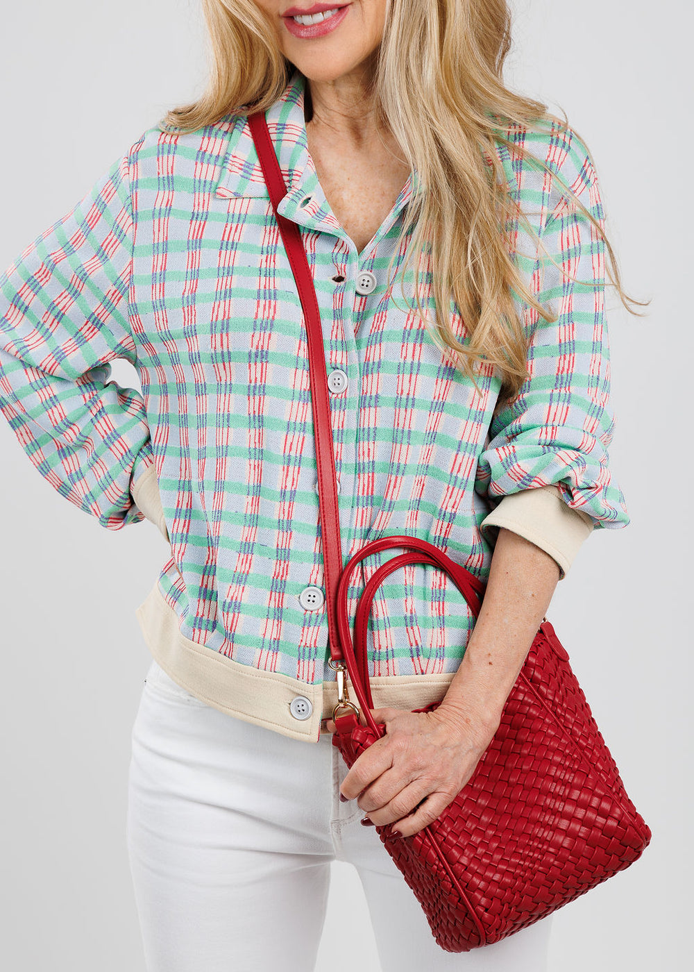 Remi/Reid Hollace Mini Woven Crossbody Tote Bag in Red available at Barbara Katz
