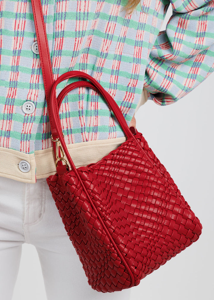 Remi/Reid Hollace Mini Woven Tote Crossbody Bag in Red available at Barbara Katz