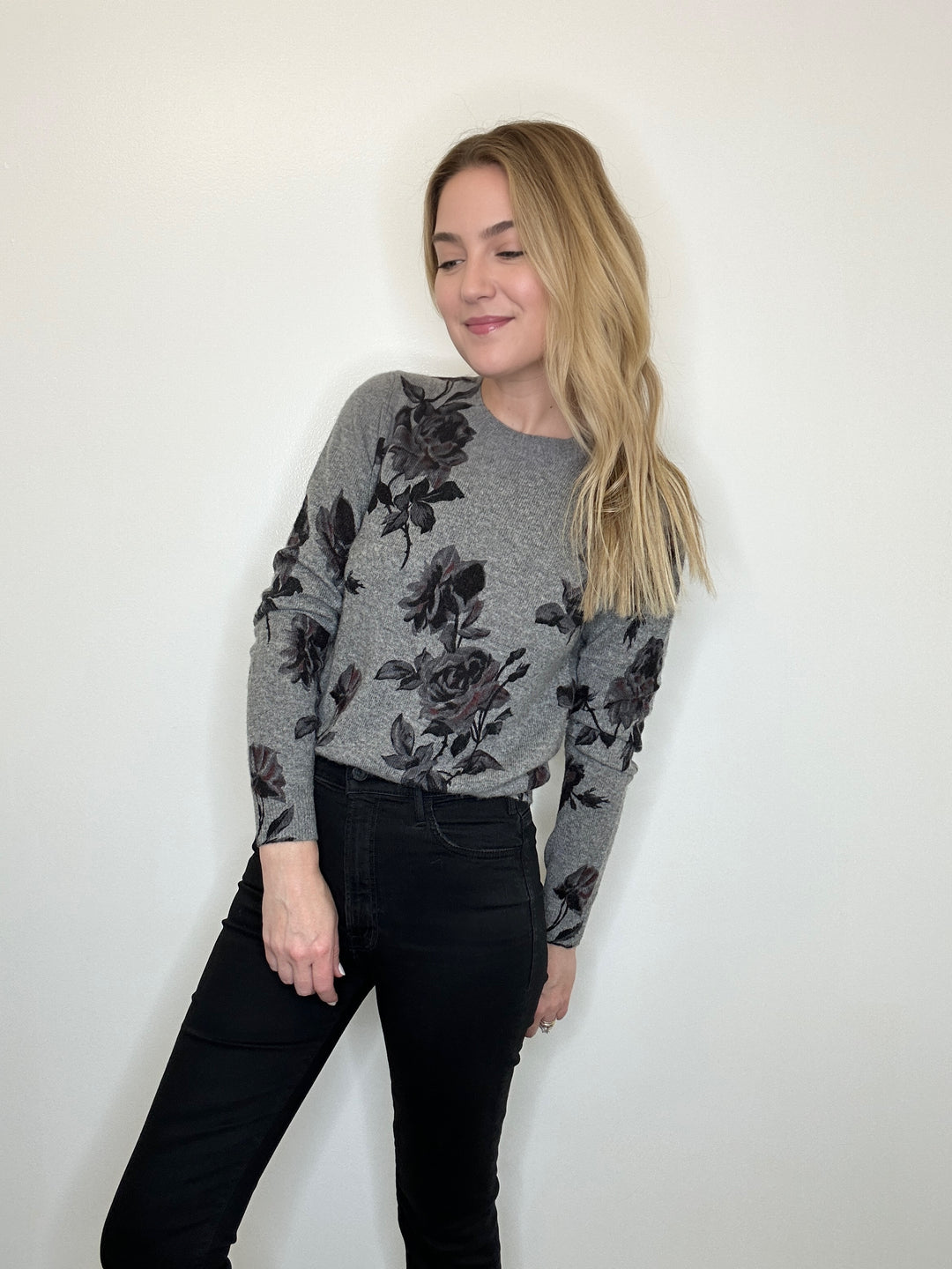 Autumn Cashmere Tonal Floral Print Crew - Cement