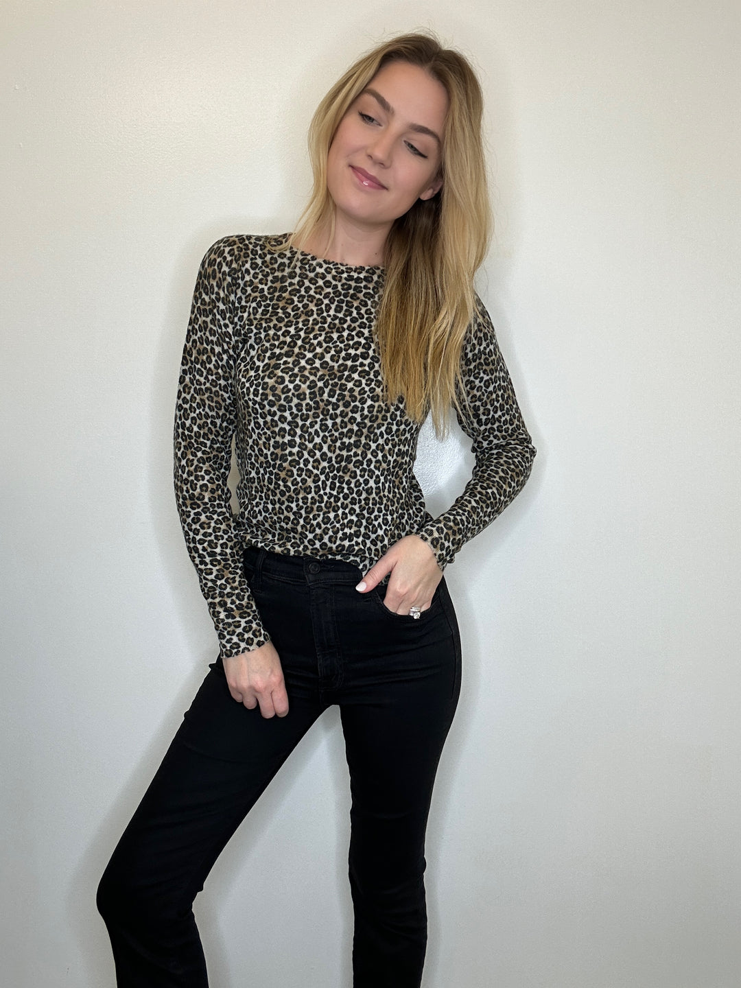 Leopard Print Sheer Crew Brown