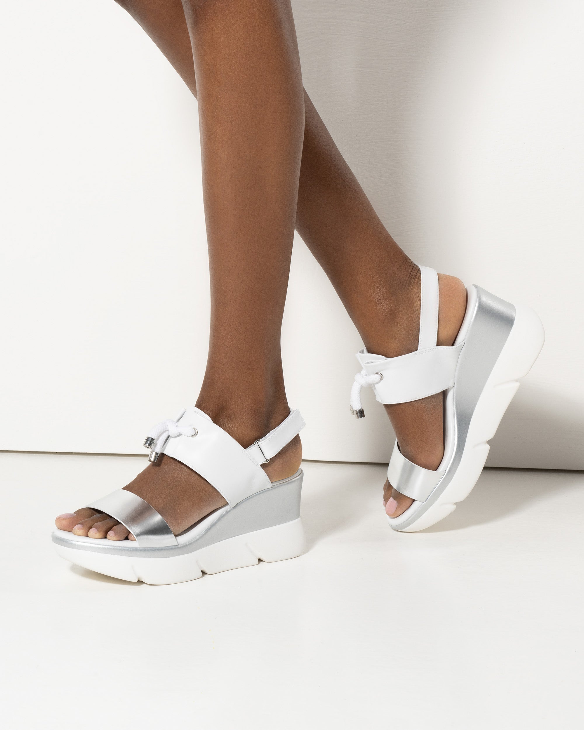 NeroGiardini Tati Bungee Platform Sport Wedge Sandals - White