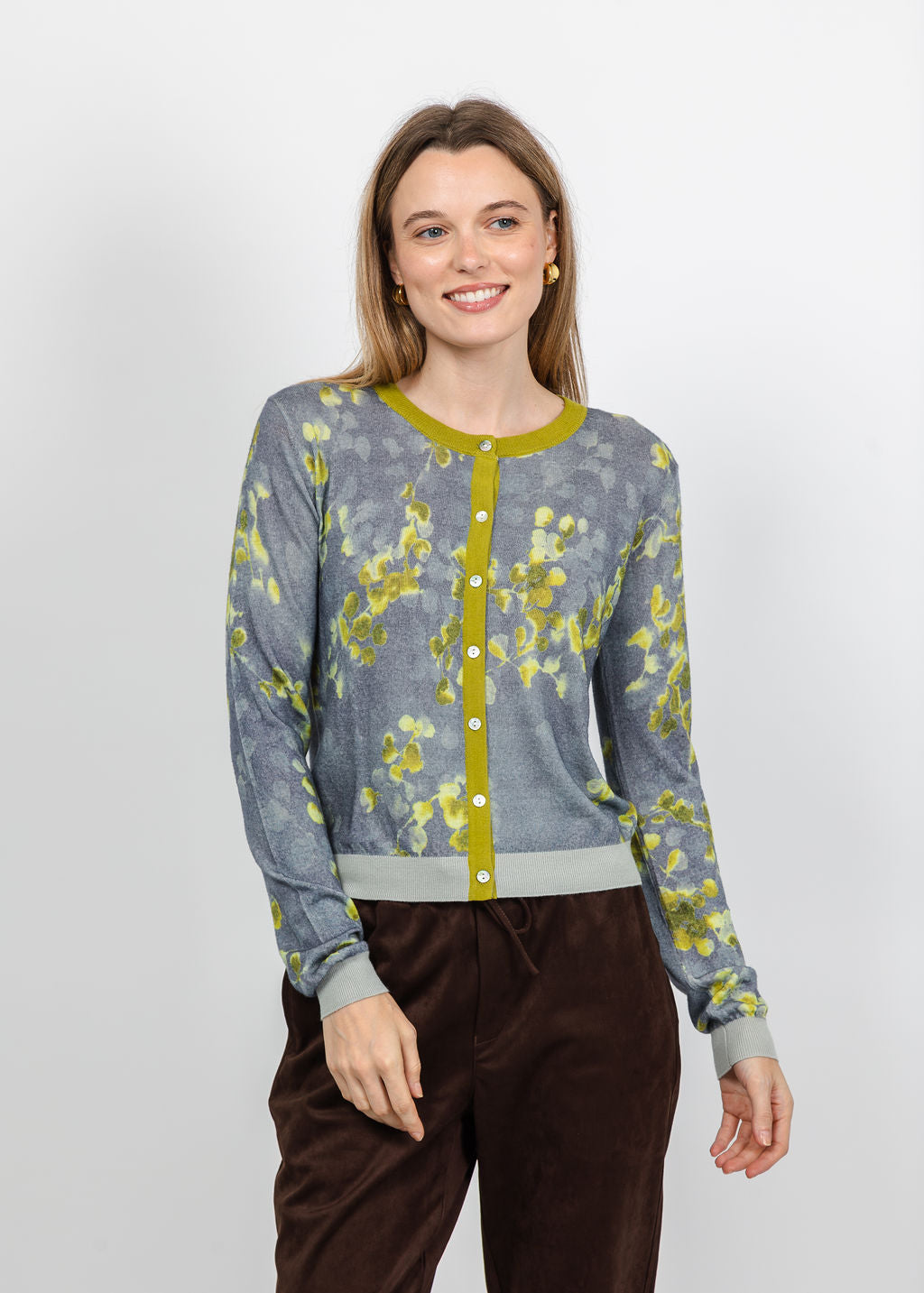 In Bed With You Contrast Edge Floral Print Cardigan in Grey available at Barbara Katz