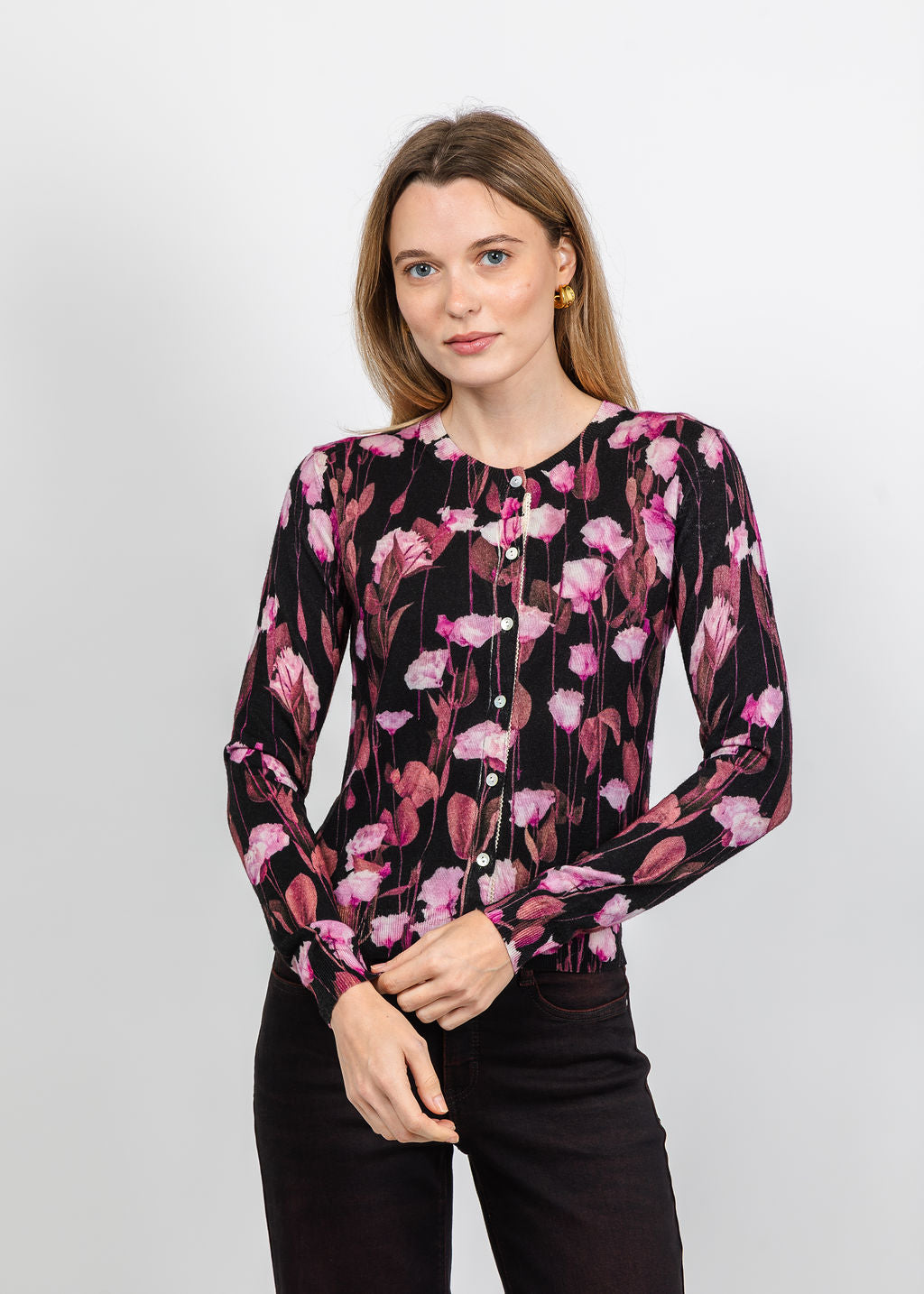 In Bed With You Floral Print Crew Neck Cardigan in Pink available at Barbara Katz