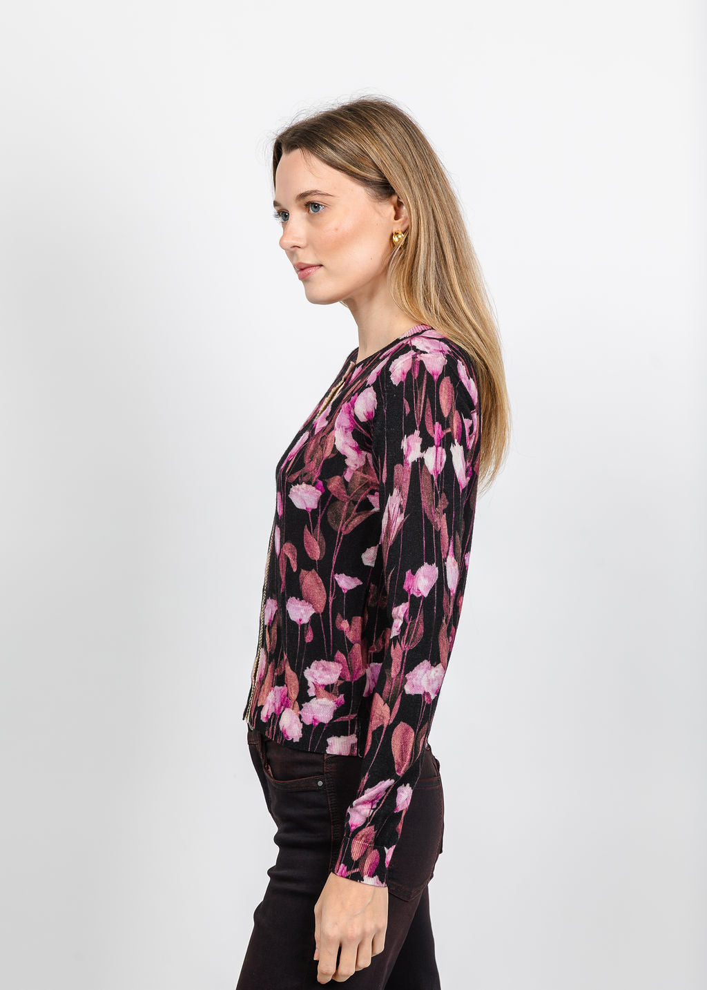 In Bed With You Floral Print Crew Neck Cardigan in Pink available at Barbara Katz