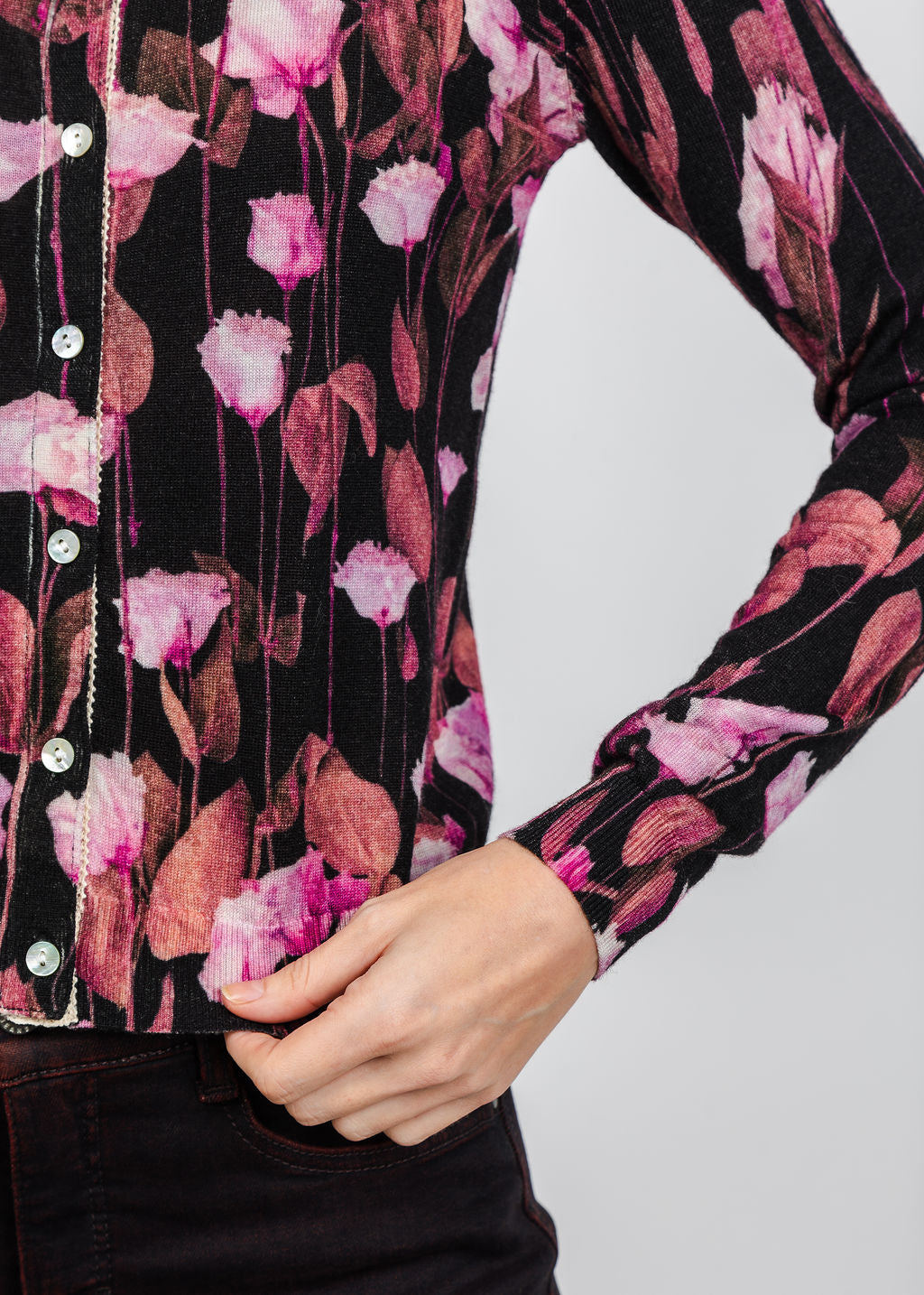 In Bed With You Floral Print Crew Neck Cardigan in Pink available at Barbara Katz