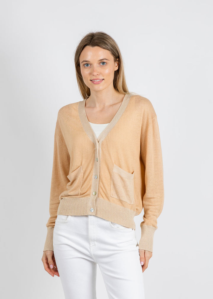 In Bed With You Stampato V Pocket Cardigan in Beige available at Barbara Katz