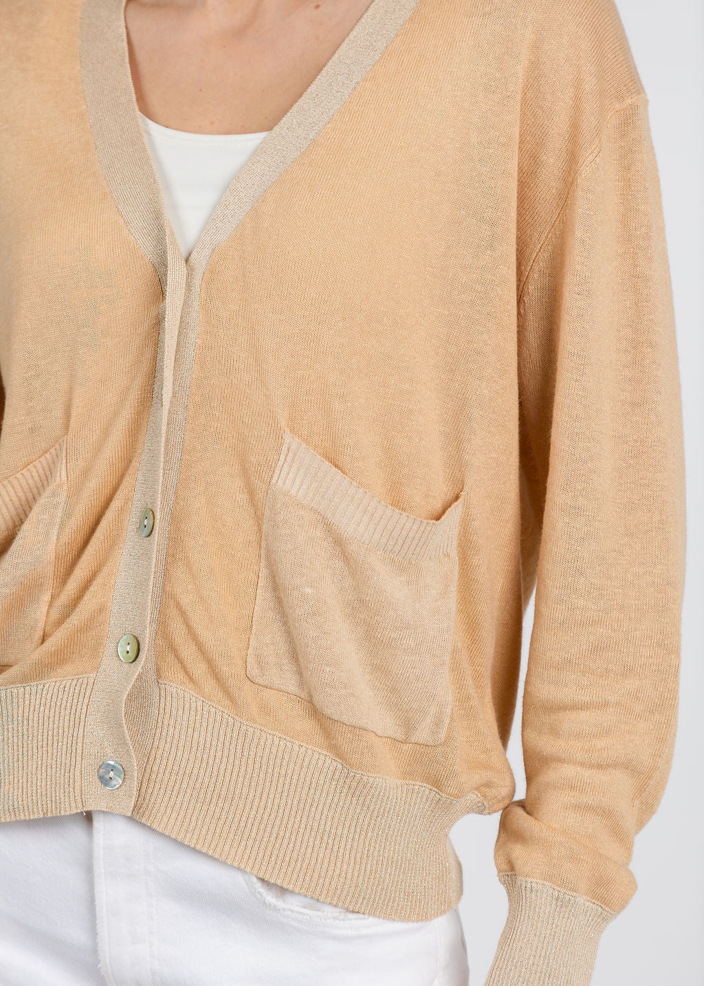 In Bed With You Stampato V Pocket Cardigan in Beige available at Barbara Katz