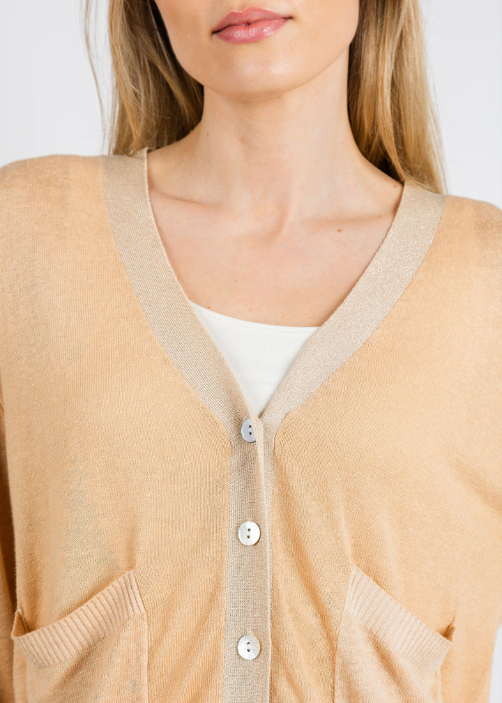 In Bed With You Stampato V Pocket Cardigan in Beige available at Barbara Katz