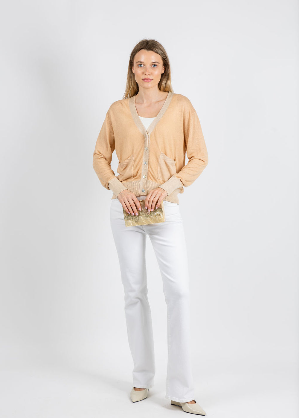 In Bed With You Stampato V Pocket Cardigan in Beige available at Barbara Katz