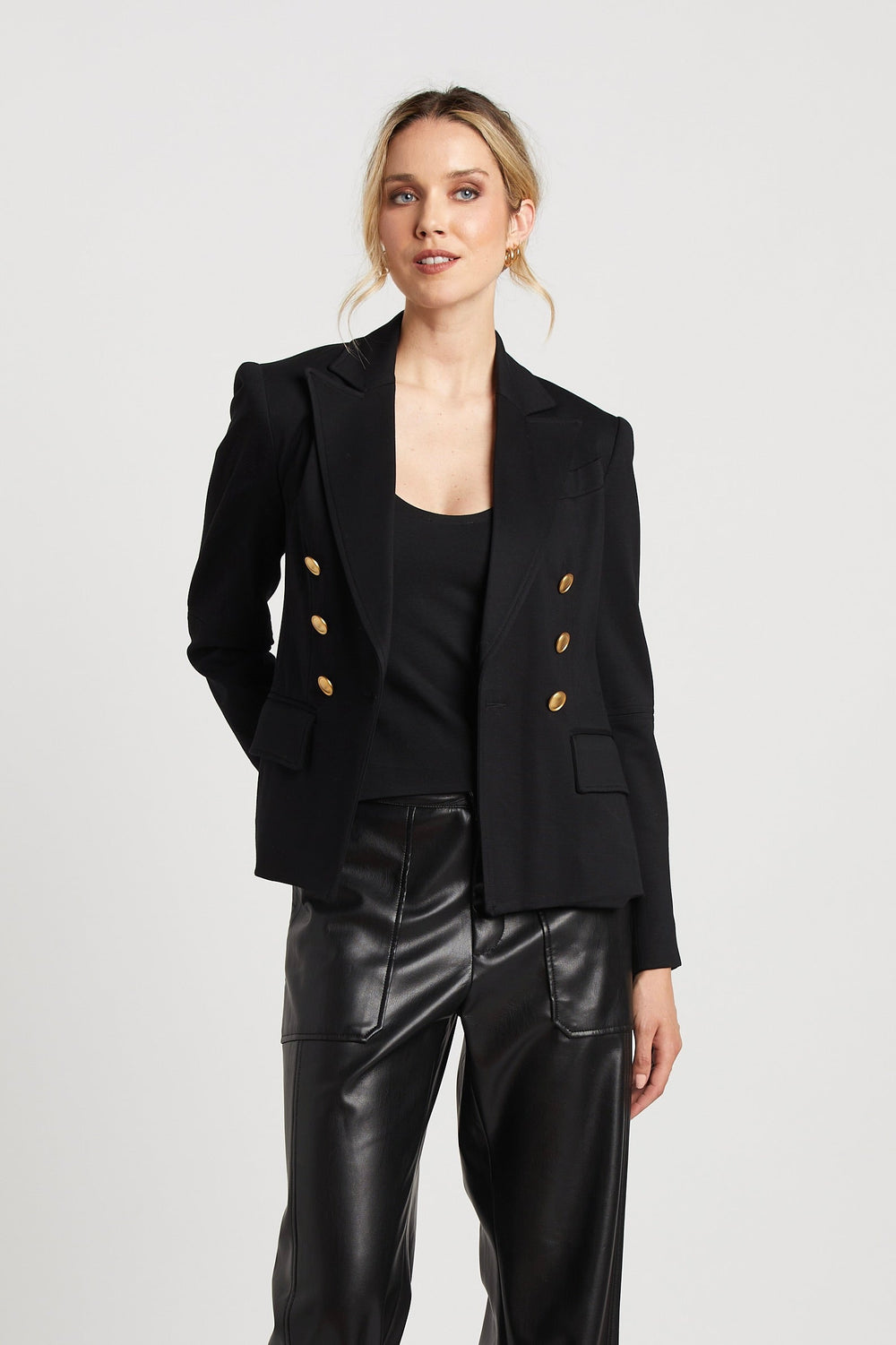 Adroit Atelier James Double Breasted Signature Stretch Blazer With Elbow Detail in Black available at Barbara Katz