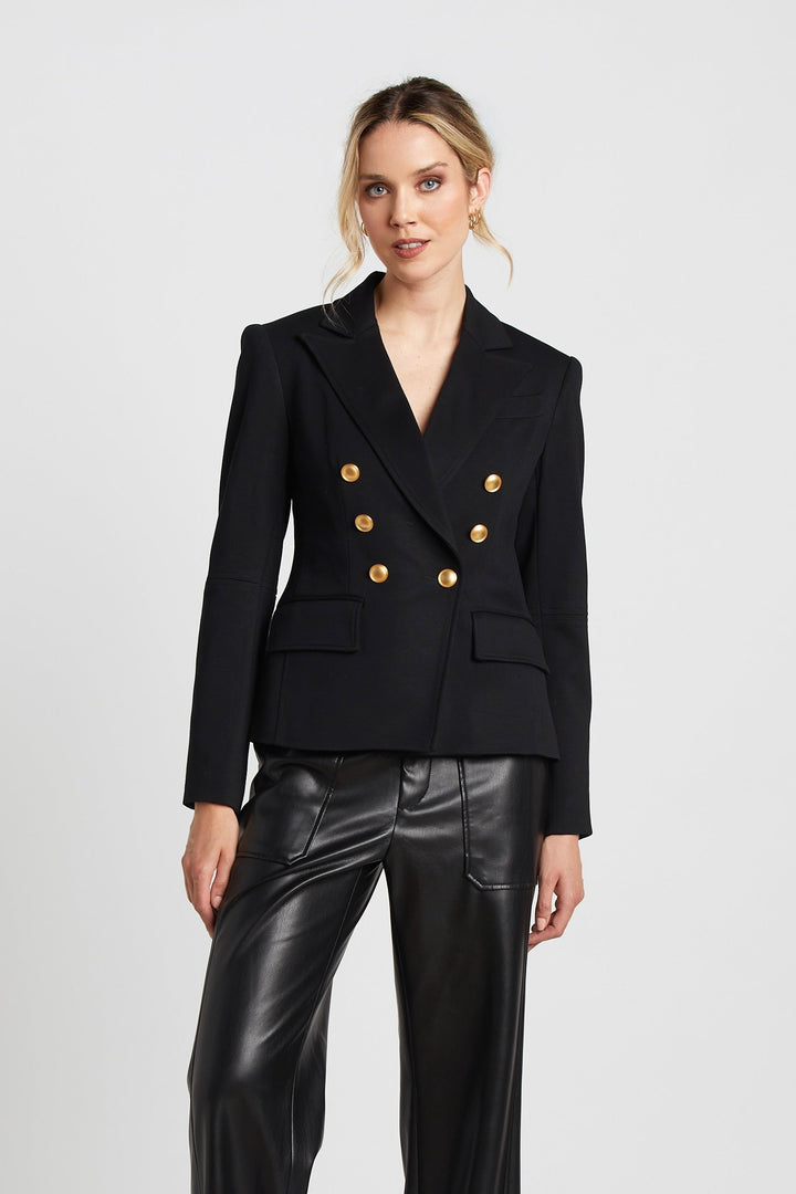 Adroit Atelier James Double Breasted Signature Stretch Blazer With Elbow Detail in Black available at Barbara Katz