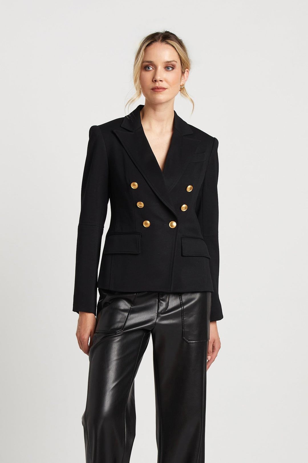 Adroit Atelier James Double Breasted Signature Stretch Blazer With Elbow Detail in Black available at Barbara Katz