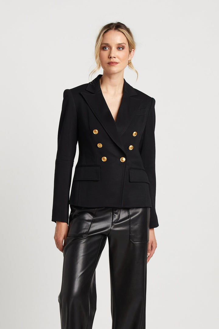 Adroit Atelier James Double Breasted Signature Stretch Blazer With Elbow Detail in Black available at Barbara Katz