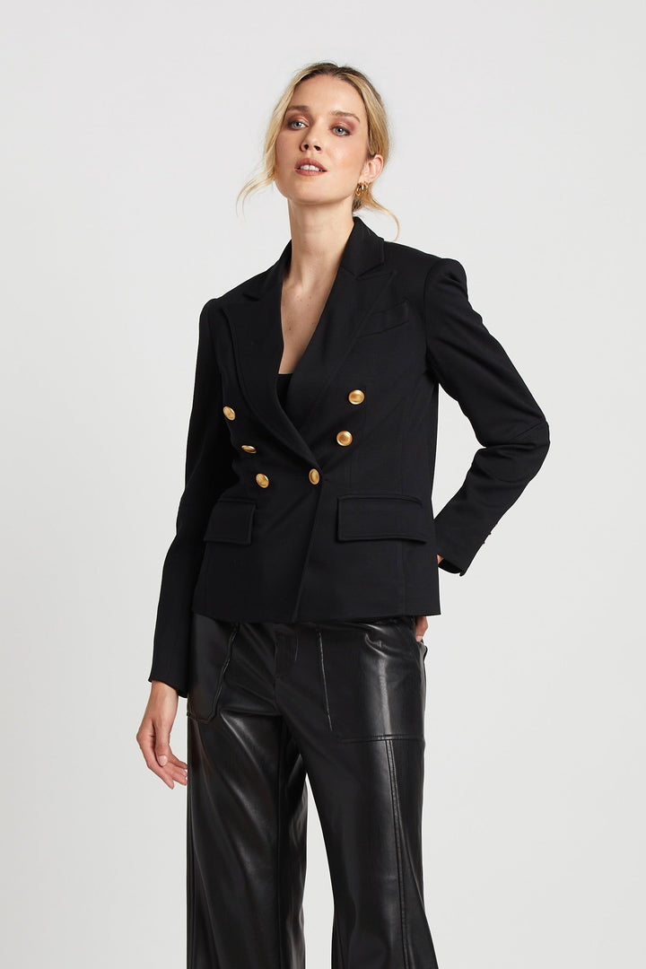 Adroit Atelier James Double Breasted Signature Stretch Blazer With Elbow Detail in Black available at Barbara Katz