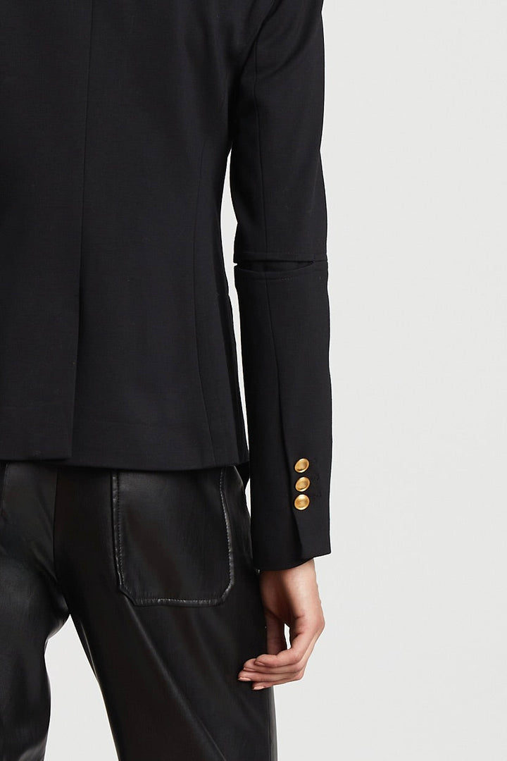 Adroit Atelier James Double Breasted Signature Stretch Blazer With Elbow Detail in Black available at Barbara Katz