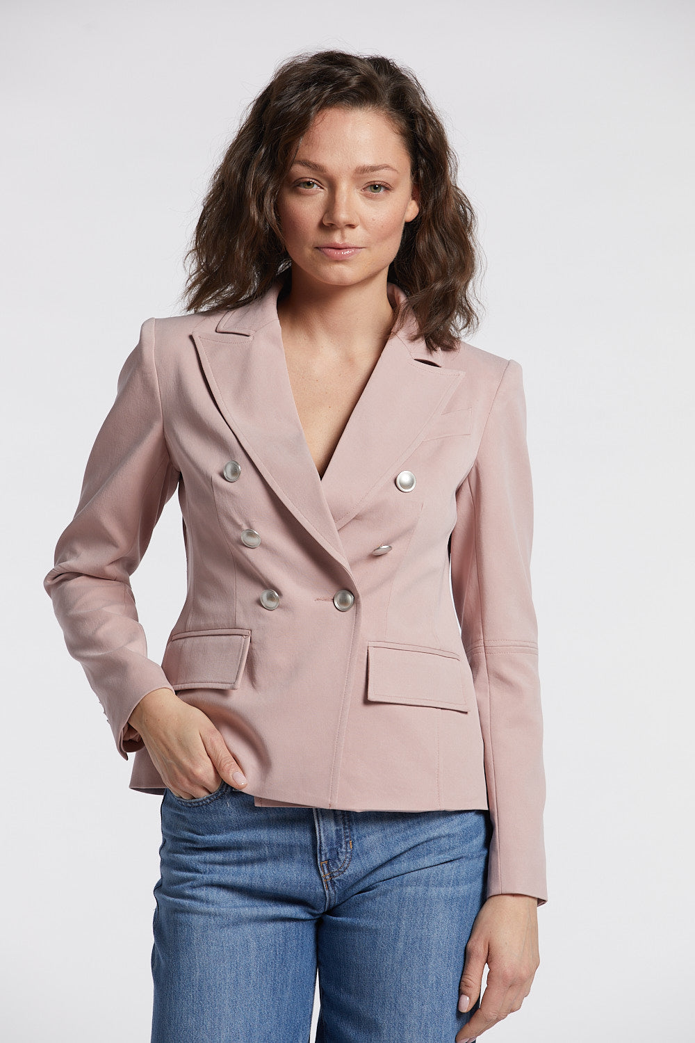 Adroit Atelier James Double Breasted Signature Stretch Blazer in Blush