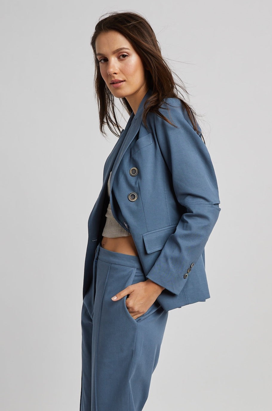 Adroit Atelier James Double Breasted Signature Stretch Blazer in Seaside available at Barbara Katz