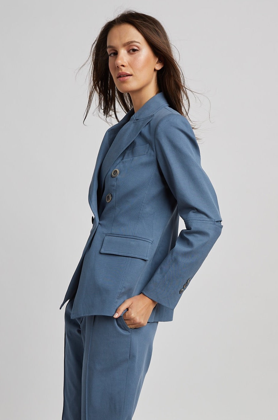 Adroit Atelier James Double Breasted Signature Stretch Blazer in Seaside available at Barbara Katz