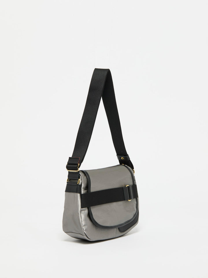 Jack Gomme Petit Gaby Linen Shoulder Bag in Silver available at Barbara Katz