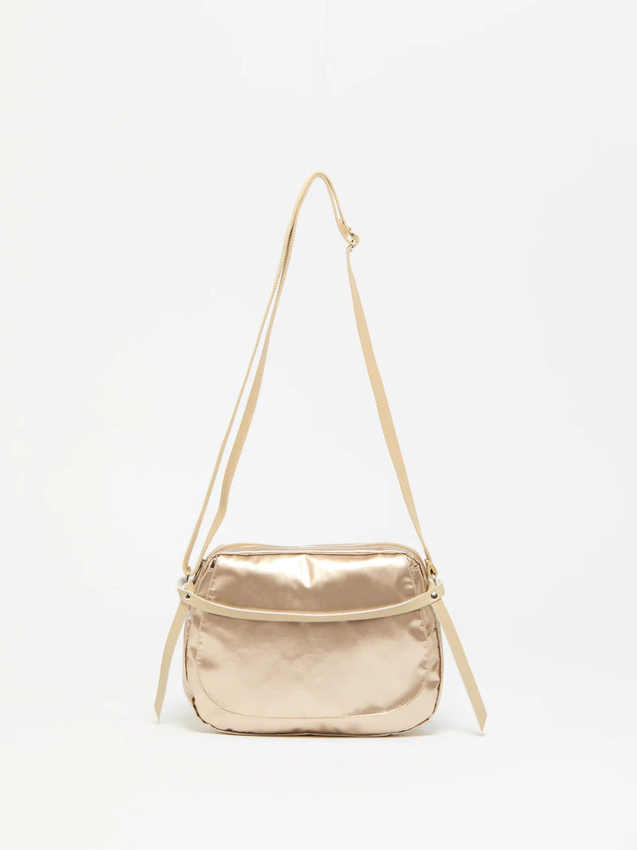 Jack Gomme Happy Shoulder Bag in Shiny Nacre with Beige Strap available at Barbara Katz