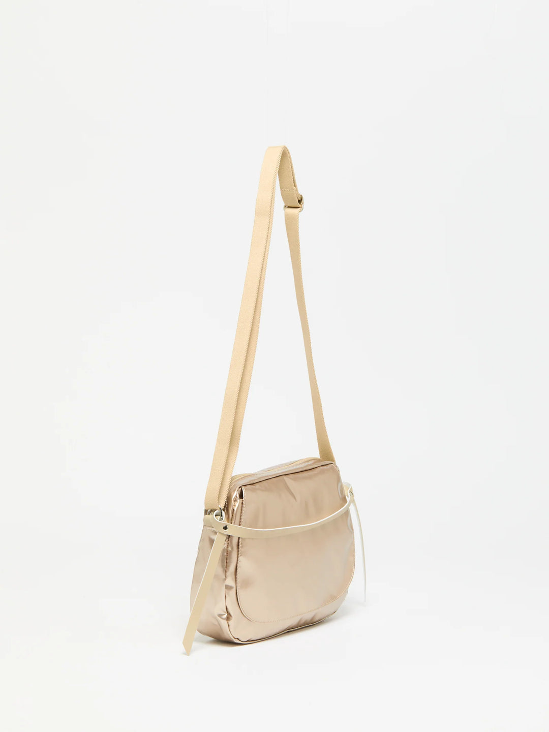 Jack Gomme Happy Shoulder Bag in Shiny Nacre with Beige Strap available at Barbara Katz