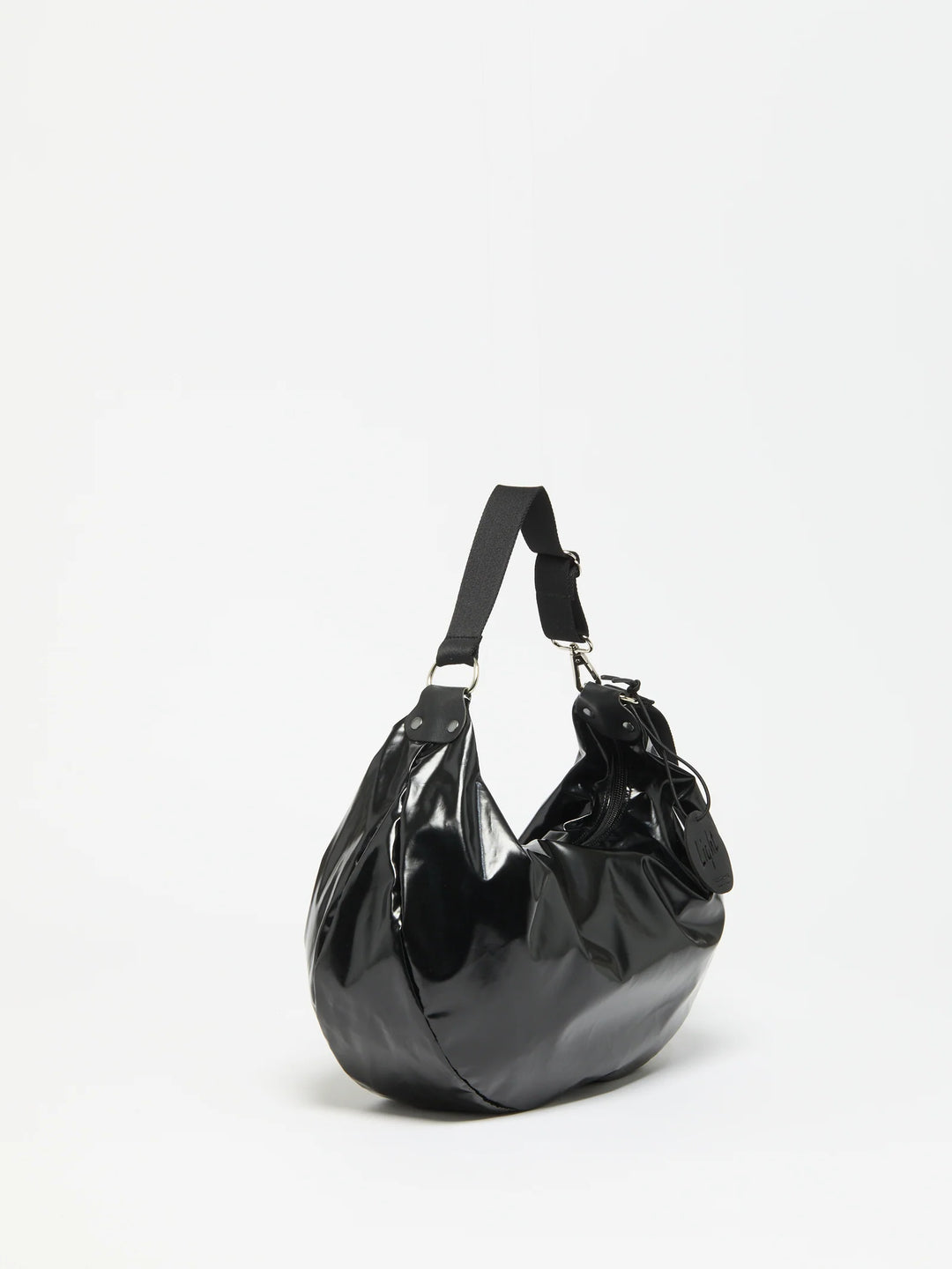 Jack Gomme Charlie Half Moon Shoulder Bag in Shiny Noir available at Barbara Katz