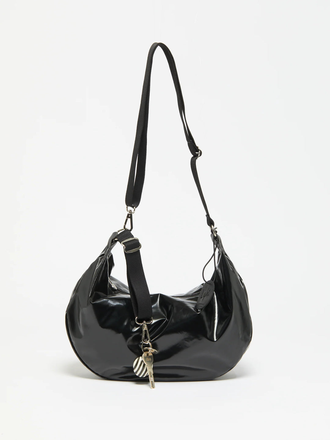 Jack Gomme Charlie Half Moon Crossbody Bag in Shiny Noir available at Barbara Katz