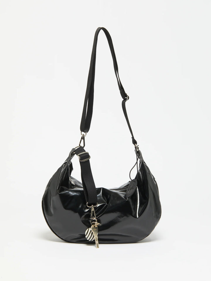 Jack Gomme Charlie Half Moon Crossbody Bag in Shiny Noir available at Barbara Katz