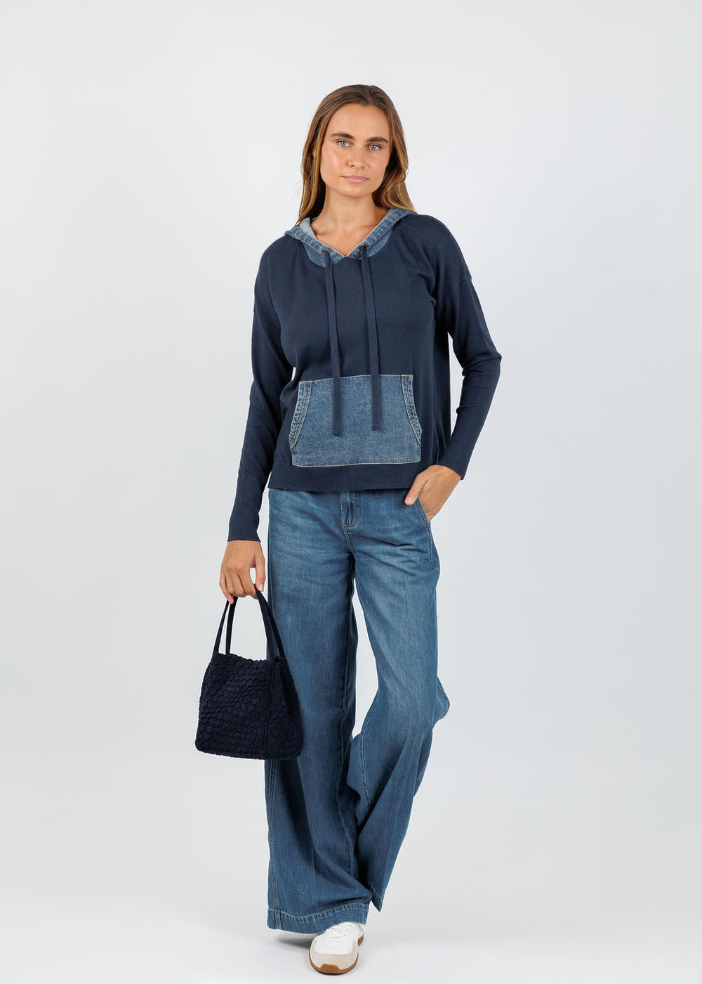 J Society Denim Drawstring Hoodie in Navy available at Barbara Katz