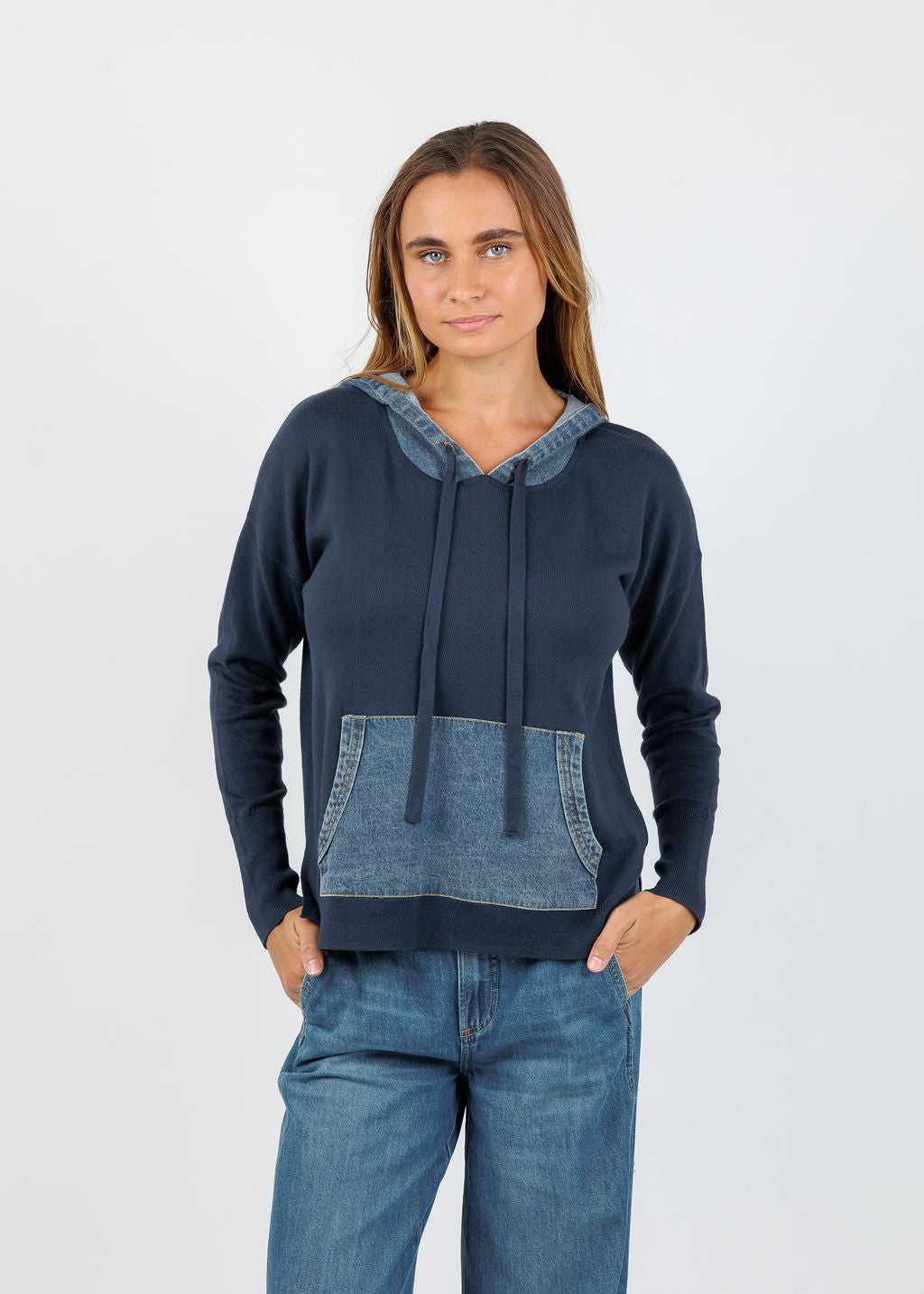 J Society Denim Drawstring Hoodie in Navy available at Barbara Katz