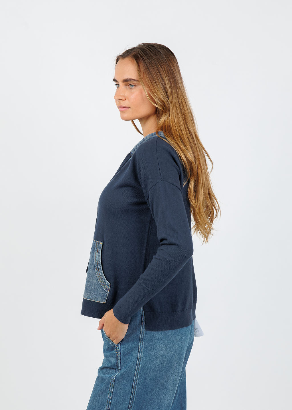 J Society Denim Drawstring Hoodie in Navy available at Barbara Katz