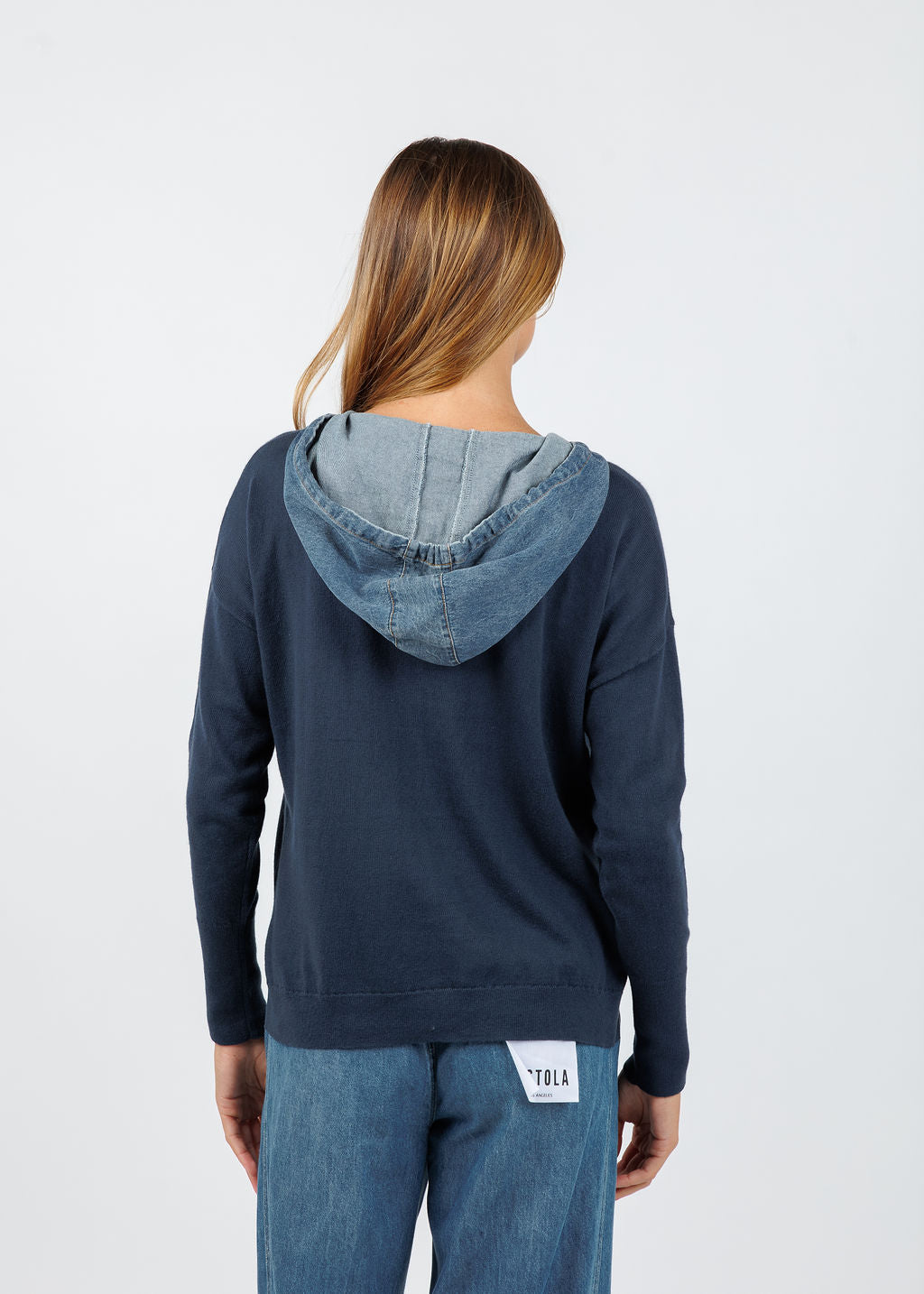 J Society Denim Drawstring Hoodie in Navy available at Barbara Katz