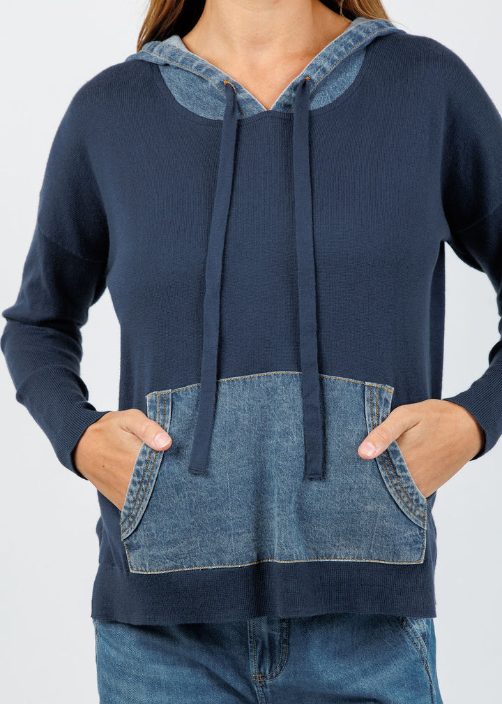 J Society Denim Drawstring Hoodie in Navy available at Barbara Katz