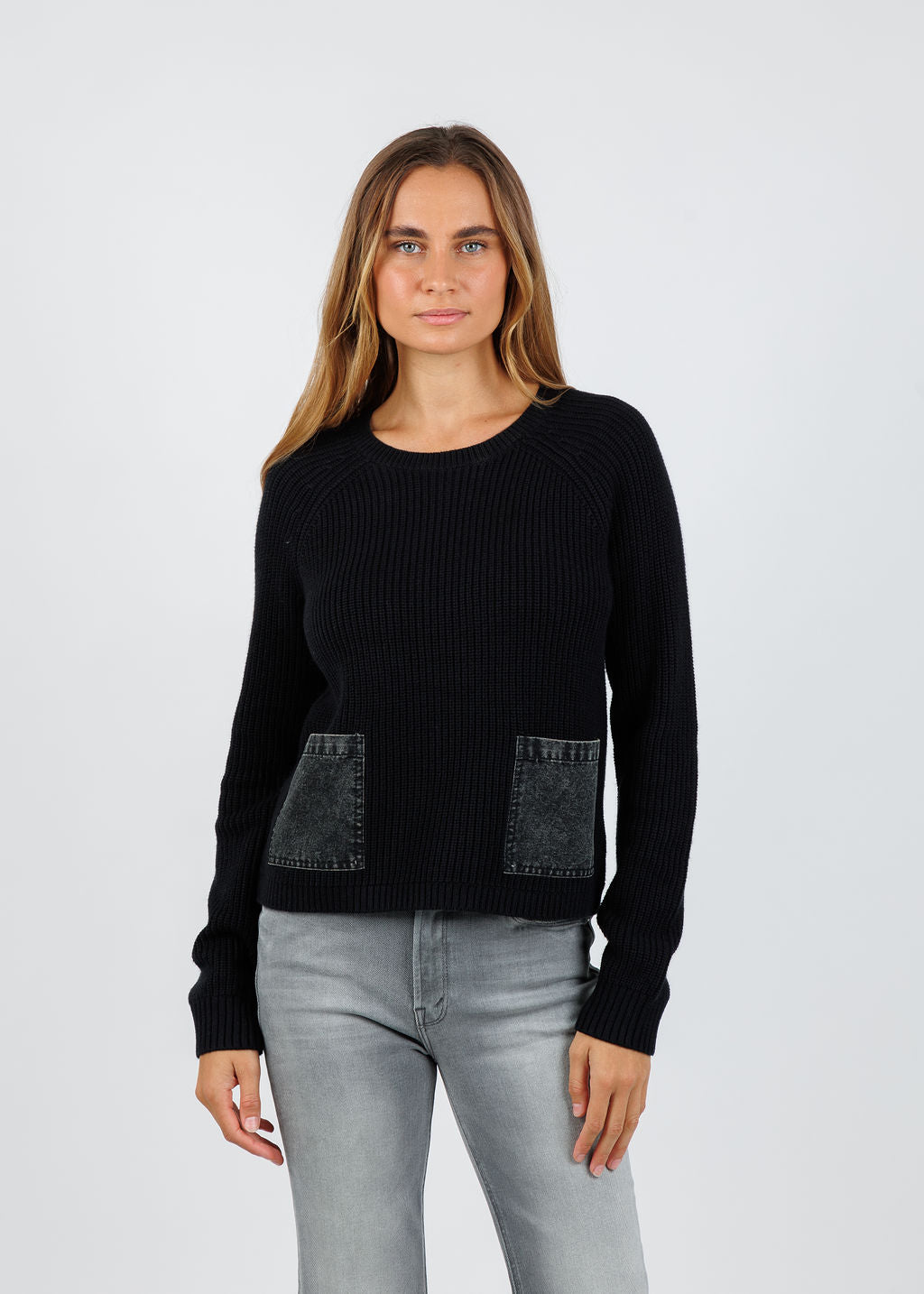 J Society Denim Pocket Crew Sweater in Black available at Barbara Katz