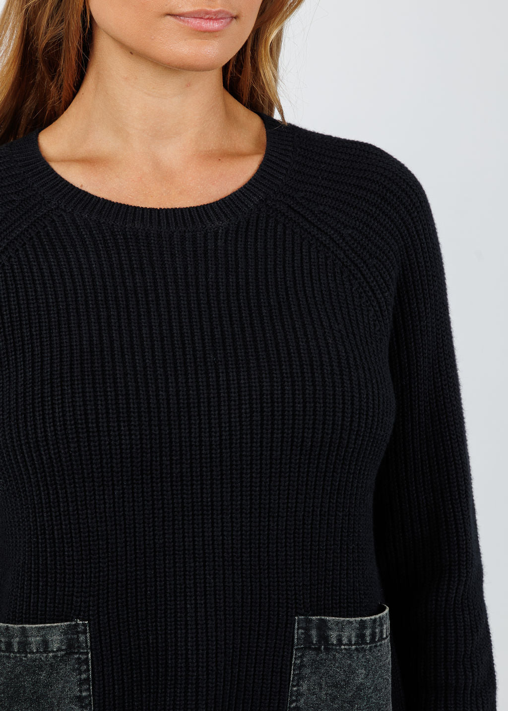 J Society Denim Pocket Crew Sweater in Black available at Barbara Katz