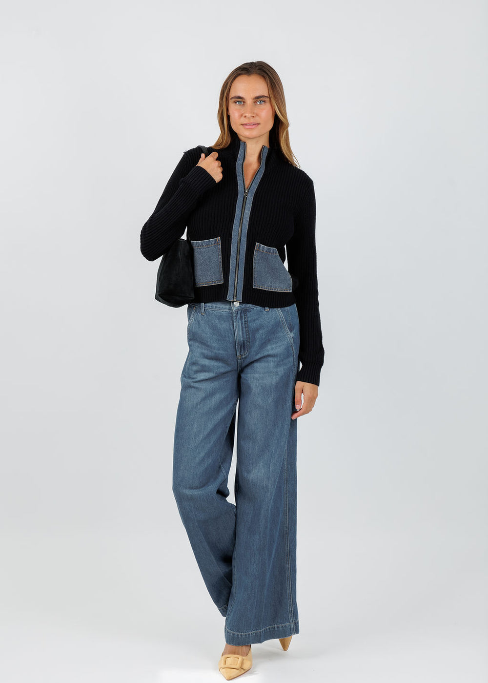 J Society Denim Pocket Zip Up Sweater in Black/Blue available at Barbara Katz