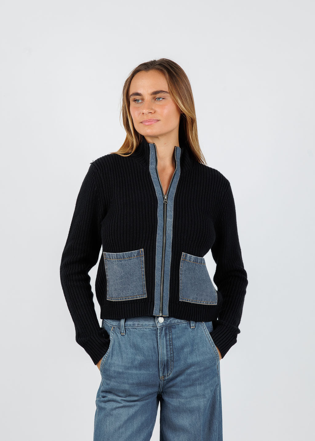 J Society Denim Pocket Zip Up Sweater in Black/Blue available at Barbara Katz