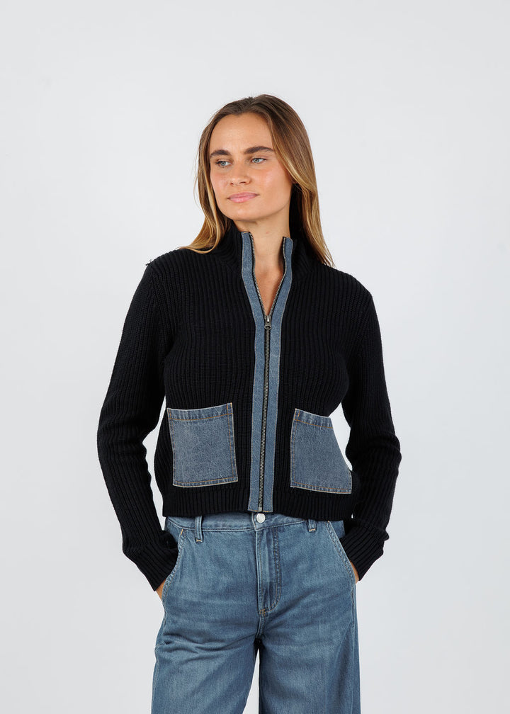 J Society Denim Pocket Zip Up Sweater in Black/Blue available at Barbara Katz